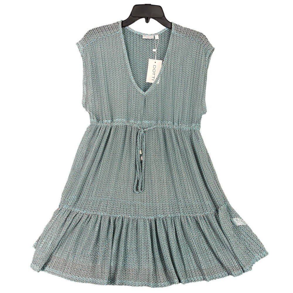 Dotti Tiered Chevron Knit Dress Sz M Turquoise Brown Flowy Y2K Revival Party